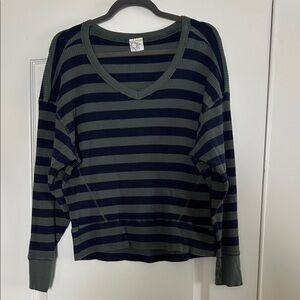 Aerie Green and Navy Striped V-Neck Sweatshirt